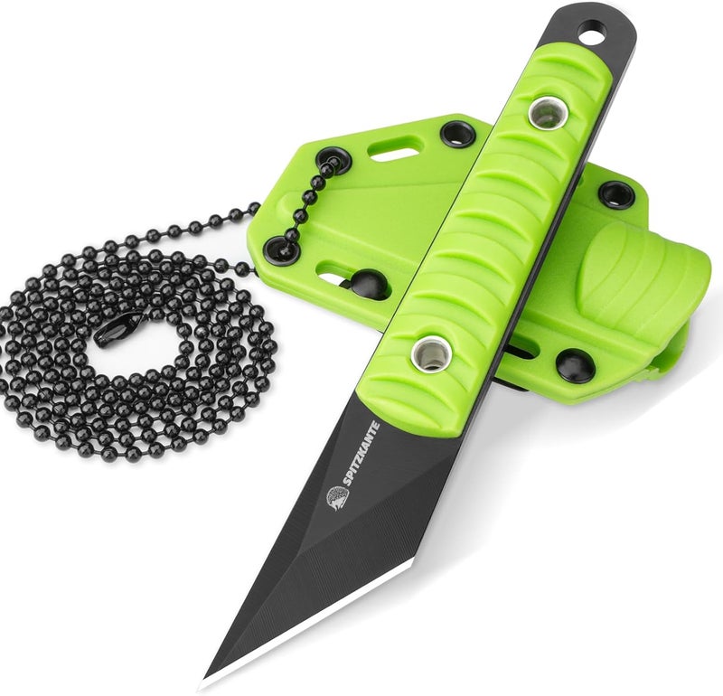 SPITZKANTE 5.79" Compact Neck Knife, Full Tang Fixed Blade Kiridashi Knife with Neon Green Sheath, 5Cr14MoV Stainless Steel, Outdoor Tool for Hiking, Camping - Image 1
